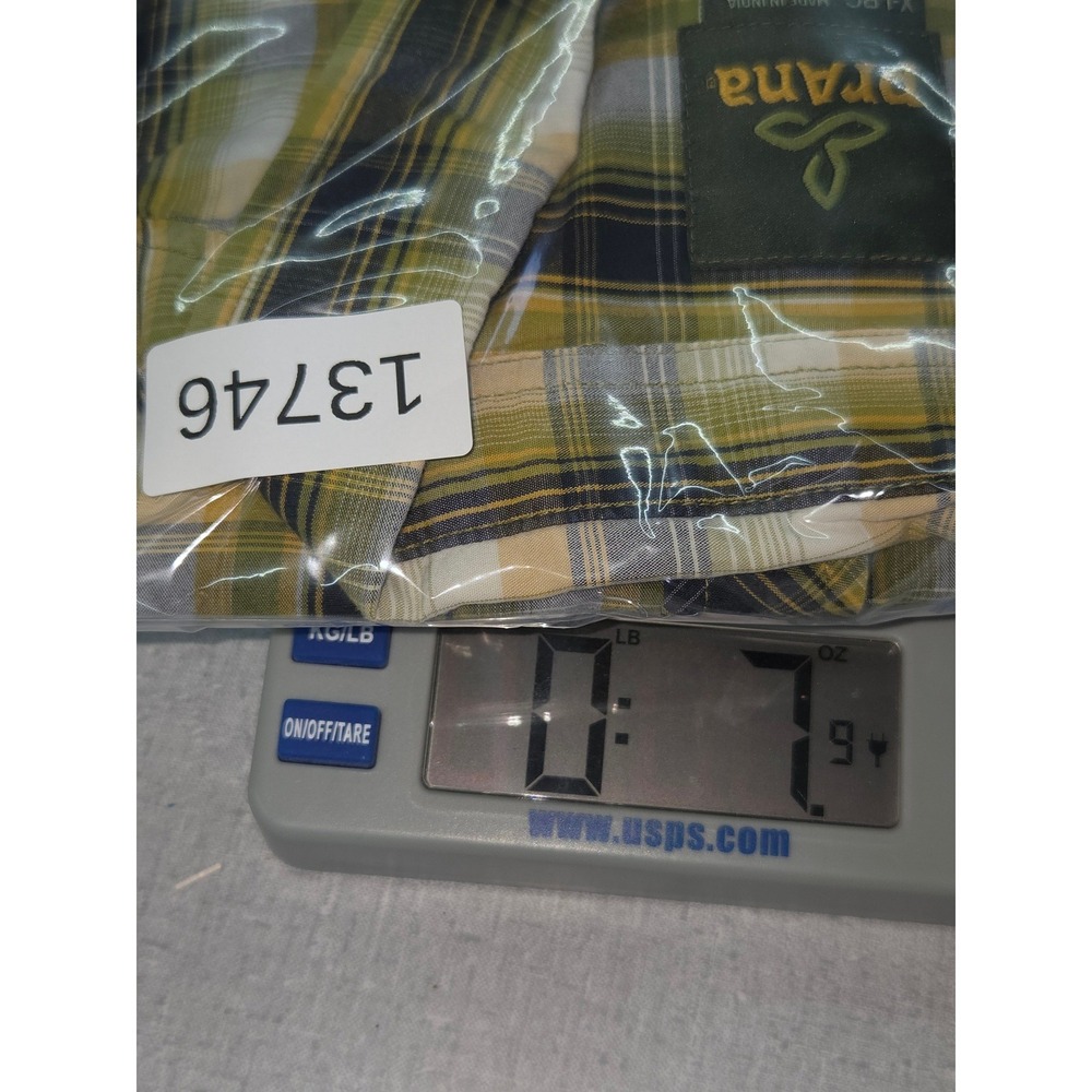 Prana Mens XL Short Sleeve Plaid Snap Front Shirt Yellow Green Organic Cotton - Picture 8 of 8